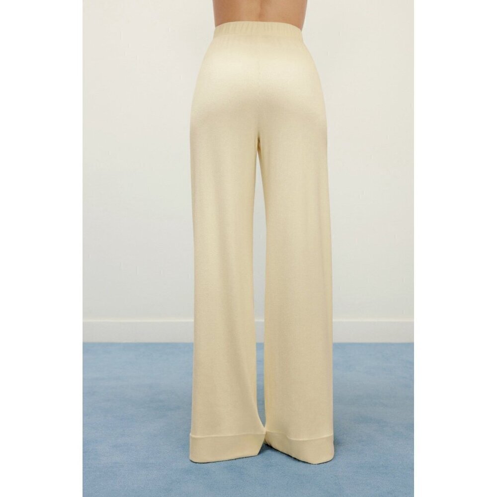 Neiwai Womens Ribbed Wide Leg Pant XL Beige High Rise Flare Pull On Minimalist - Picture 5 of 9